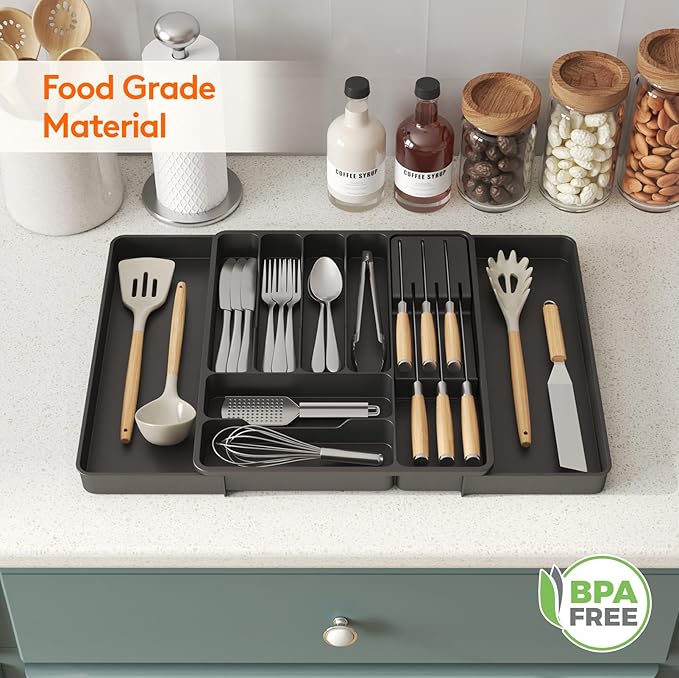 Lifewit Silverware Organizer for Kitchen Drawers, Expandable Utensil Tray with Removable Knife Block, Adjustable Cutlery and Flatware Holder, Plastic Spoon Forks Holder Storage Divider, Large, Black