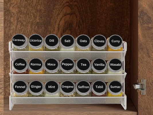 GONGSHI 3 Tier Spice Rack Organizer with 21 Empty Spice Jars, 386 Spice Labels, pen and Funnel Set for Countertop Cabinet Pantry or Wall Door Mount - White