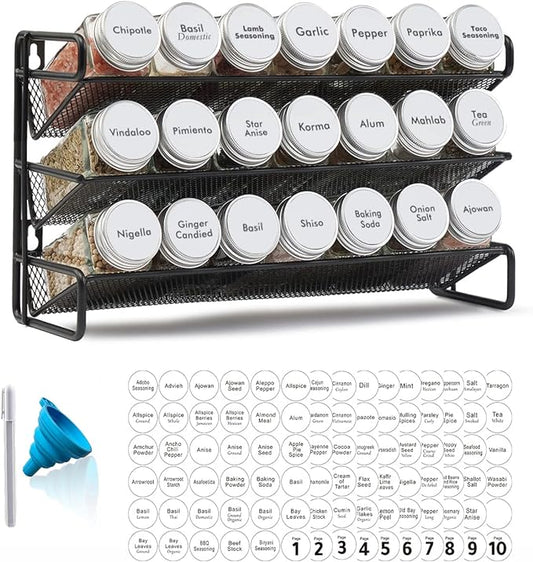 SpaceAid Spice Rack Organizer with 21 Spice Jars, 386 Spice Labels, Chalk Marker and Funnel Set for Cabinet, Countertop, Pantry, Cupboard or Door & Wall Mount - 21 Jars, 13.4" W × 9" H, White
