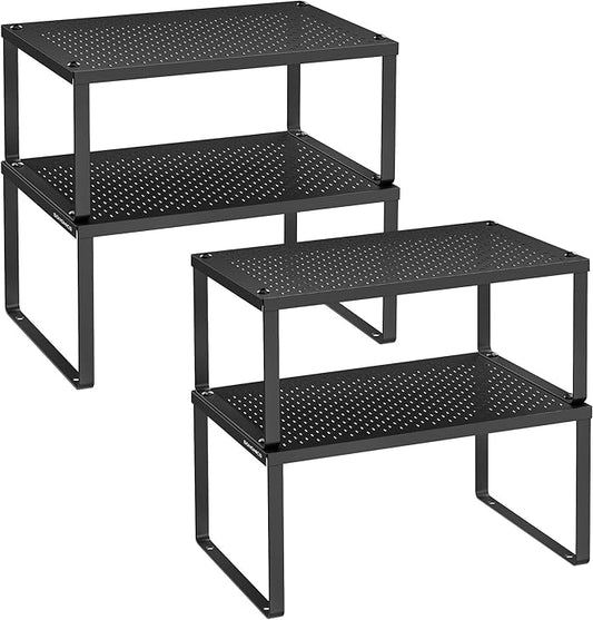 SONGMICS Spice Racks, Cabinet Shelf Organizers, Shelf Organizers, Countertop Organizers, Shelf Risers, Stackable, Expandable, Set of 4 Metal Kitchen Counter Shelves, Ink Black UKCS006B01