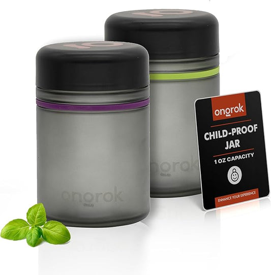 ONGROK Glass Storage Jar, 500ml, 2 Pack, UV Herb/Spice Jar with Child Resistant Lid, Color-Coded Glass Containers Air Proof to Preserve Smell and Aroma, Perfect Size to Store in a Drawer or Cupboard
