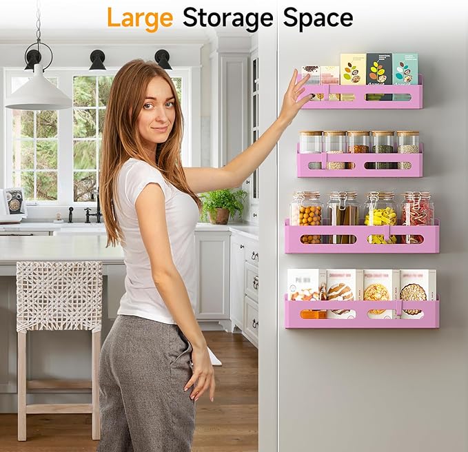 4 Pack Magnetic Spice Rack for Refrigerator, Spice Rack Organizer, Moveable Magnetic Shelf Fridge Organizer with 4 Hooks for Kitchen and Oven Organization, Pink