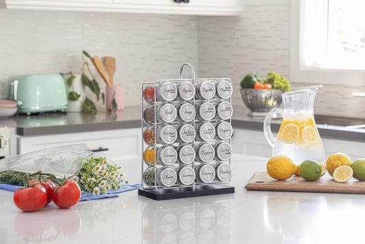 Orii 20 Jar Spice Rack Stainless Steel with Spices Included - Standing Rack Shelf Holder & Countertop Spice Rack Tower Organizer for Kitchen Spices with Spice Refills for 5 Years