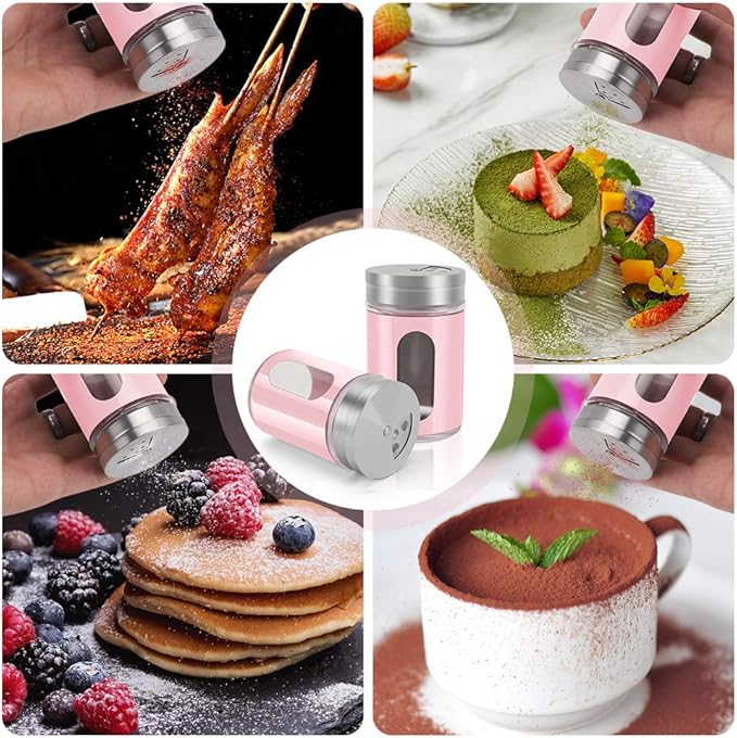 Accmor 2pcs Salt and Pepper Shakers,Stainless Steel Shaker for Salt Powder Sugar Cinnamon Pepper, Spice Dispenser with Adjustable Pour Holes,Pink