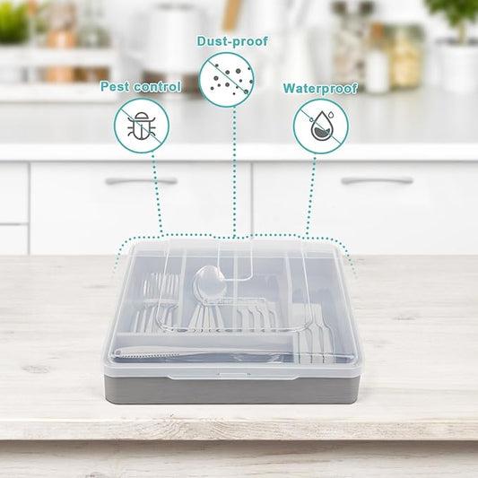 Utensil Holder for Countertop with Lid, Plastic Silverware Tray for Drawer, 5 Compartments Flatware Organizer, Gray