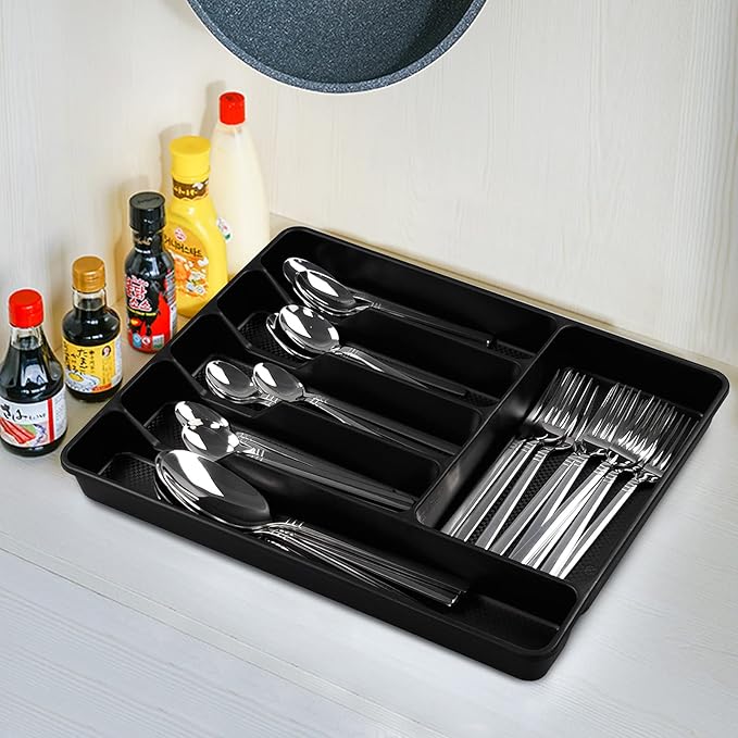 Morcte 1-Pack Plastic Silverware Cutlery Tray Organizer, Cutlery Holder Trays, Black
