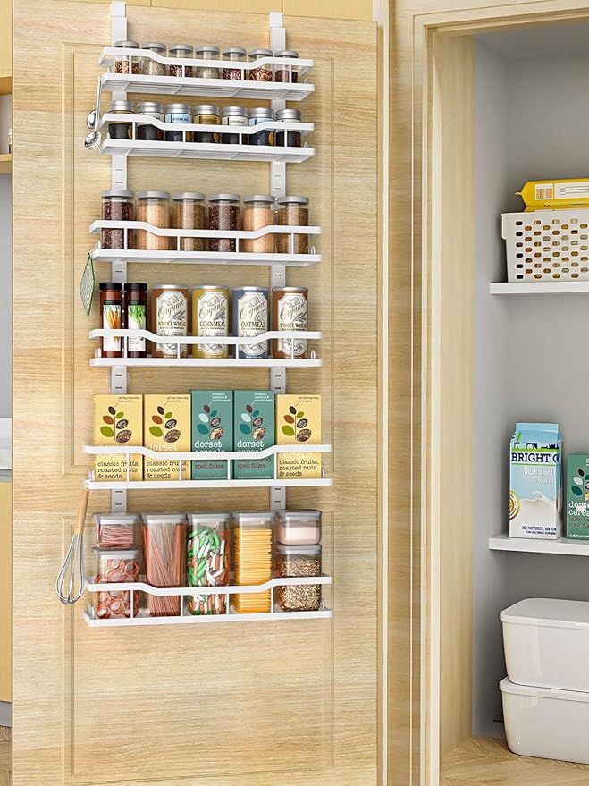 Over The Door Pantry Organizer, 6-Tier Over The Door Organizer with Adjustable Baskets, Metal Hanging Spice Rack for Pantry Organizers and Storage, Suitable for Kitchen Laundry Room & Bathroom, White