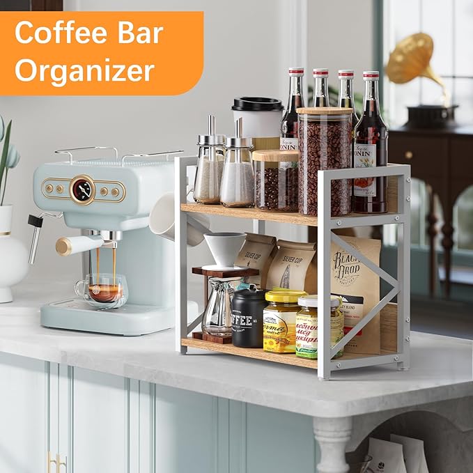Spice-Rack-Organizer-Shelf for Kitchen Counter, 2 Tiers Coffee Bar Station Organizer for Countertop，Space Saving Desk Shelving Riser Unit (Maple, Medium)