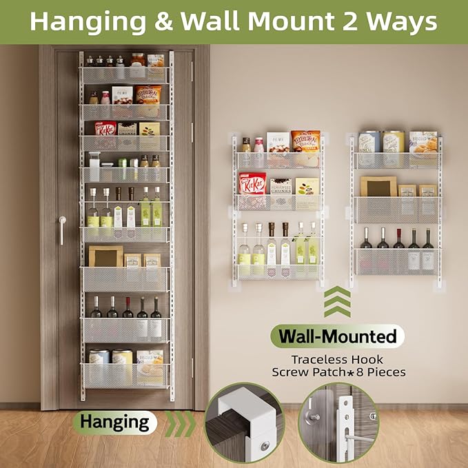Over The Door Pantry Organizer, 8-Tier Metal Hanging & Wall Mount Spice Rack Organizer