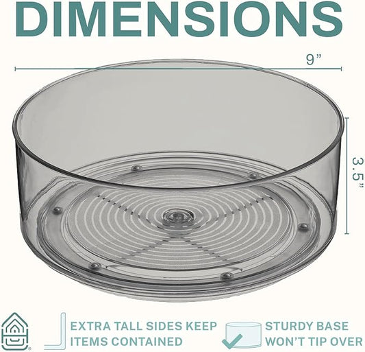 Home Intuition Round Plastic Grey Lazy Susan Turntable Food Storage Container for Kitchen (9" Round, 1 Pack)