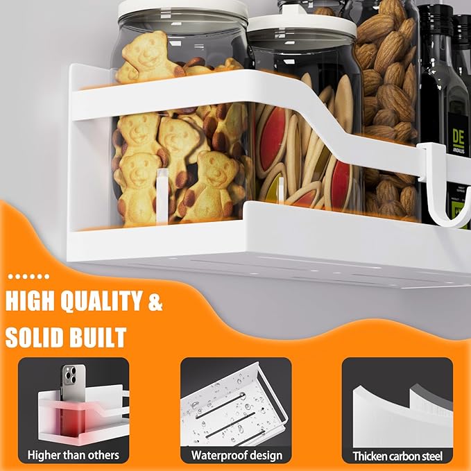 Magnetic Spice Rack for Refrigerator, 4 Pack Heavy Duty Metal Strong Magnetic Fridge Shelf with Magnet Paper Towel Holder, Hook Rack, 2 Spice Jars with Label, Space Saving, White