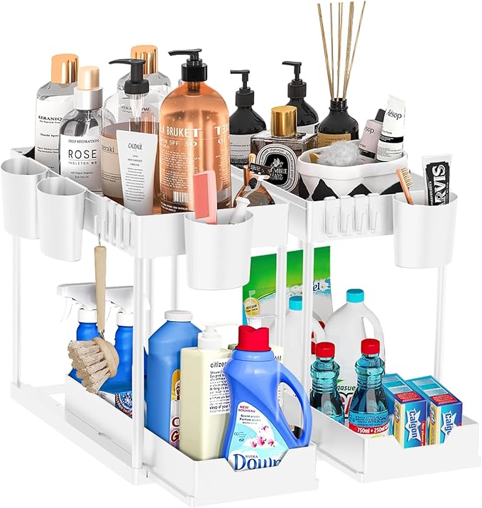 Under Sink Organizers and Storage Bathroom 2Pack, 2 Tier Kicthen Cabinet Basket Organizer, with Hooks, Hanging Cup, Dividers, Handles, Multi-purpose Under Sink Shelf Organizer, White
