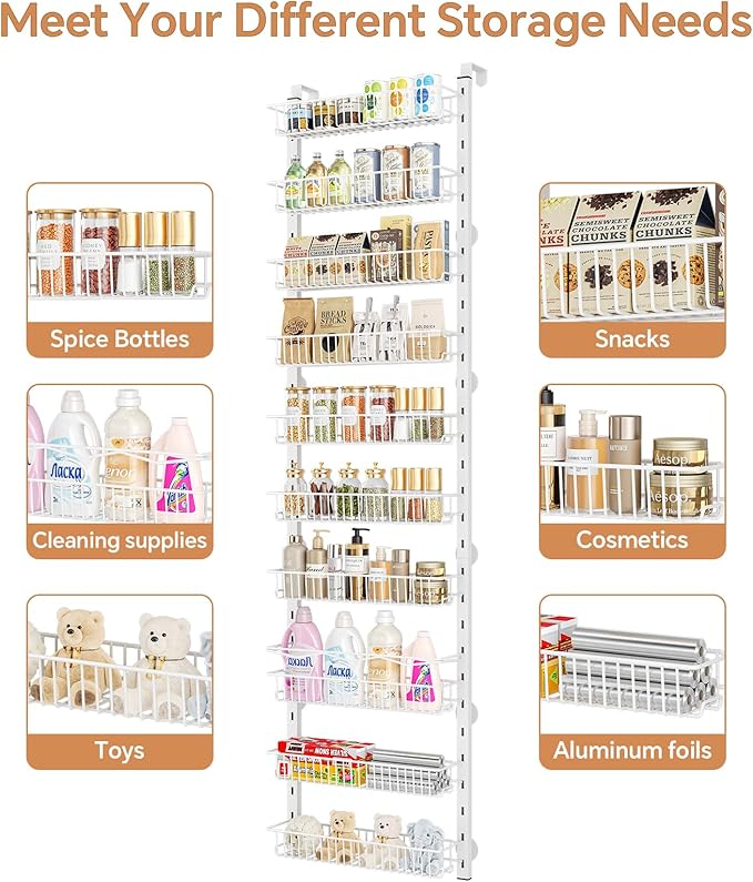 Over the Door Pantry Organizer, 10-Tier Adjustable Spice Rack Cabinet Door Shelves, Hanging Seasoning Organizer for Kitchen Bathroom, Laundry Room Organization, White
