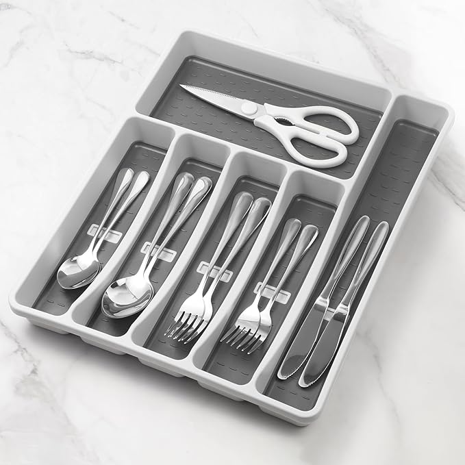Silverware Organizer with Cutlery Icons，Silverware Tray for Kitchen Drawer，Plastic Flatware Tableware Cultery Drawer Organizer Utensil Organizer with Non-slip TPR Linings，6-Compartment