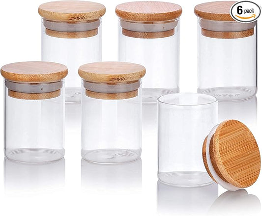 JUVITUS 2 oz Clear Glass Tall Borosilicate Jar with Bamboo Silicone Sealed Lid (6 Pack)