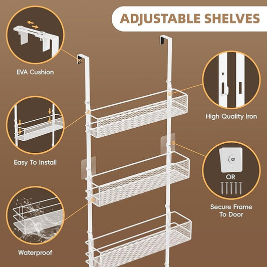 Over the Door Pantry Organizer - 8-Tier Mesh Basket Hanging & Wall Mounted Pantry Door Organizer, Over the Door Spice Rack with Adjustable Hooks for Kitchen, Bathroom, Bedroom, Storage Room (White)