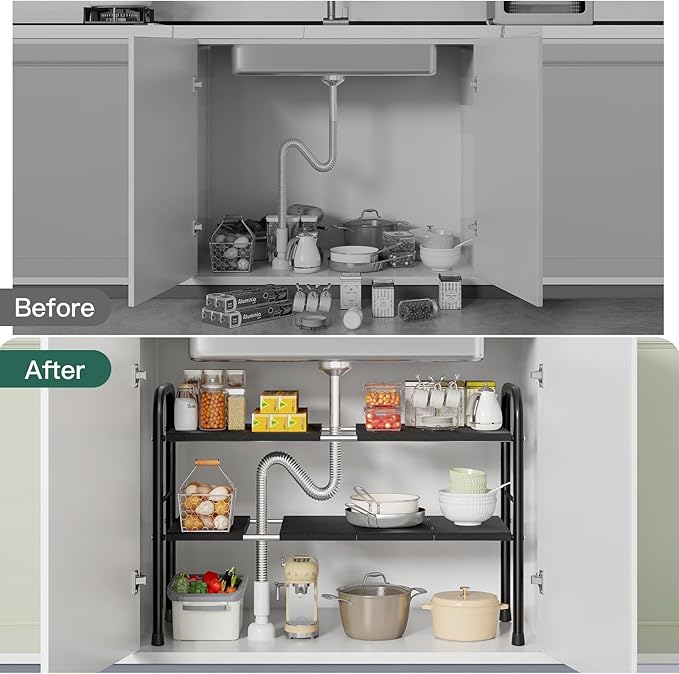 Under Sink Organizer, Kitchen Bathroom Organizers and Storage, shoe cabinet organizer with 8 Removable Panels, 2-Tier Expandable Multi-Purpose Storage Shelf (Expand from17.7 to 32.2")