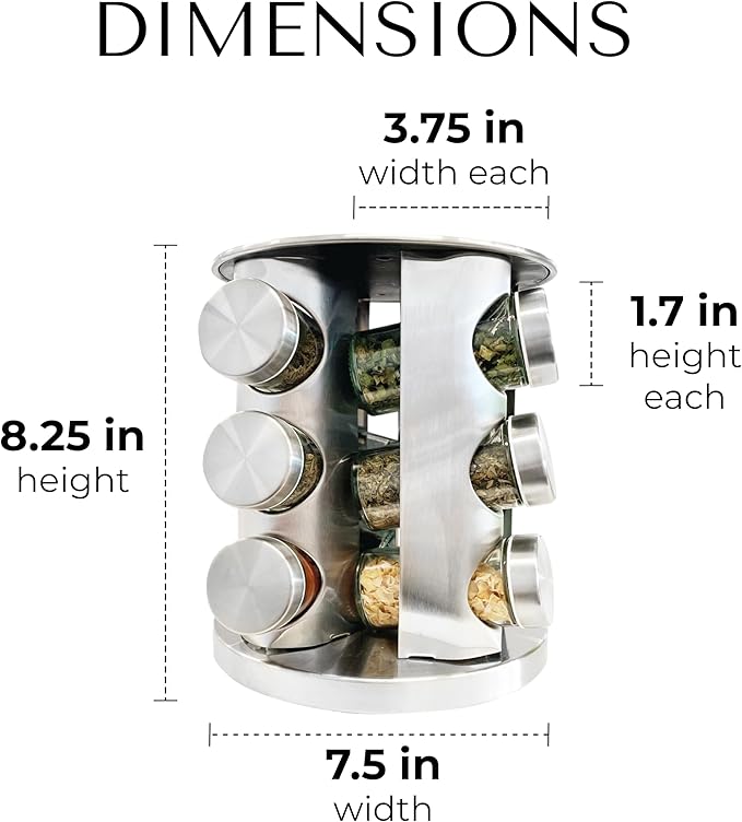 Rotatable Stainless Steel Spice Seasoning Organizer Rack with 12 Glass Jars, Ideal for Storing Spices, Salt, Pepper, Sugar and Dry Ingredients