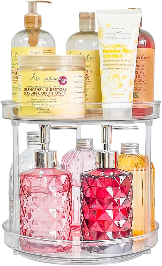 Roninkier 2-Tier Clear Lazy-Susan Turntable – 9-Inch Pantry Spice-Rack Cabinet-Organizer – Plastic Lazy Susan Makeup Organizer for Bathroom Countertop