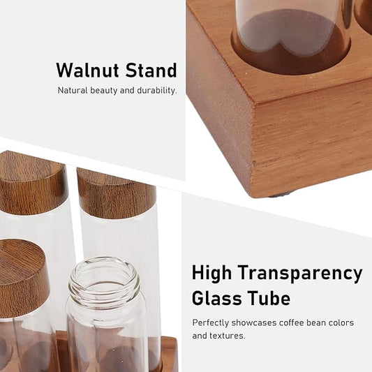 Coffee Bean Storage Tubes Single Dose, 6PCS or 12PCS Coffee Bean Cellar, Dosing Glass Vials with Lids, Wooden Display Stand and Funnel, Airtight Sealed Glass Canister Jars Tubes