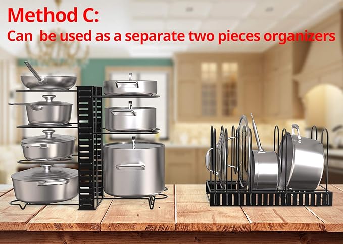 Expandable Rack for Cabinets - Vdomus Adjustable Black Pot Rack with 4 DIY Storage Positions - Holds up to 14 Pans, Pots, or Lids - Durable Iron Pot Stacker for Kitchen Organization - 8.5"x 31"x11.5"