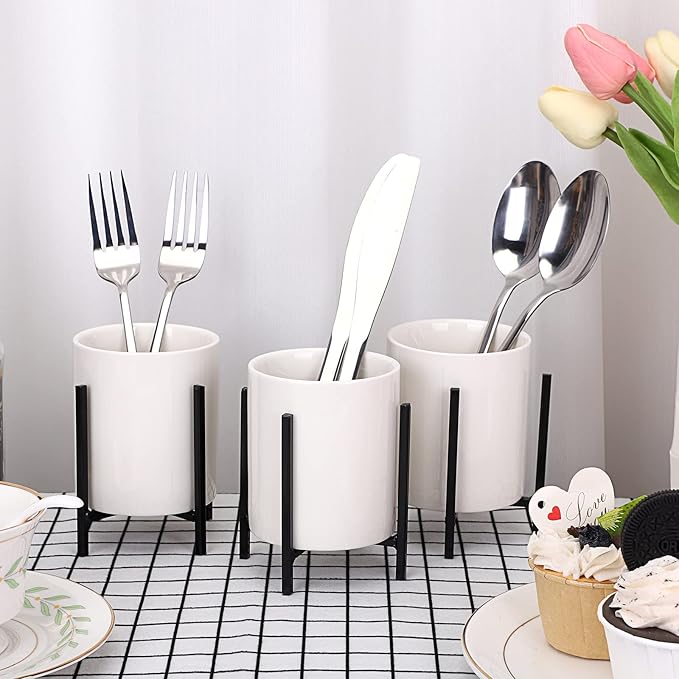 JUXYES Pack of 3 Ceramic Silverware Holder For Party Table, White Cutlery Holder Holder With Black Metal Bracket, Small Flatware Caddy Organizer Utensil Holder Organizer for Kitchen Dining Tables