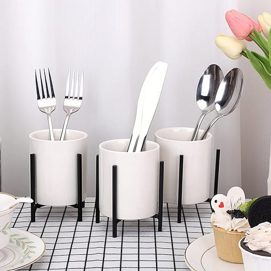 JUXYES Pack of 3 Ceramic Silverware Holder For Party Table, White Cutlery Holder Holder With Black Metal Bracket, Small Flatware Caddy Organizer Utensil Holder Organizer for Kitchen Dining Tables