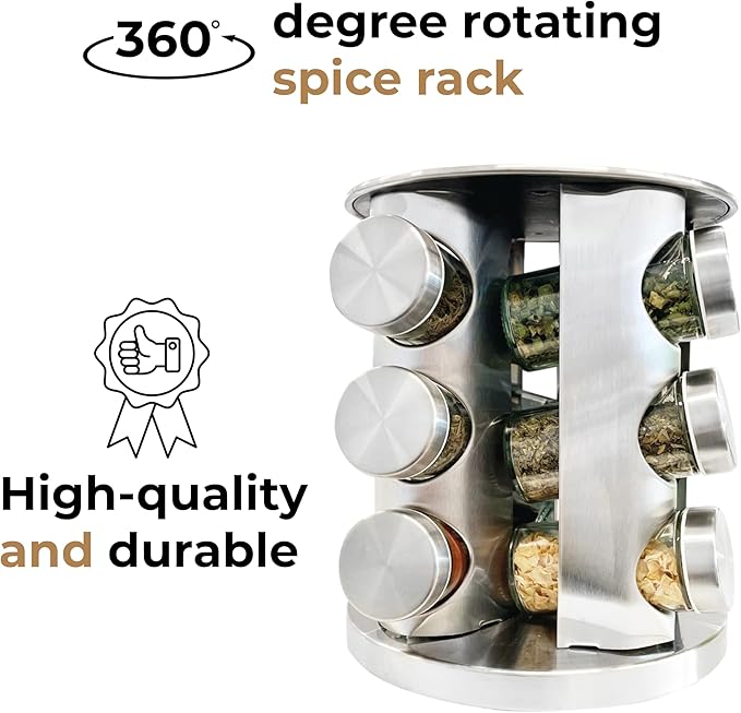 Rotatable Stainless Steel Spice Seasoning Organizer Rack with 12 Glass Jars, Ideal for Storing Spices, Salt, Pepper, Sugar and Dry Ingredients