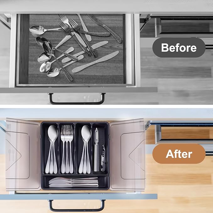 Silverware Organizer with Lid, Utensil Holder for Kitchen Drawer Countertop Plastic Flatware Tray 5 Compartments