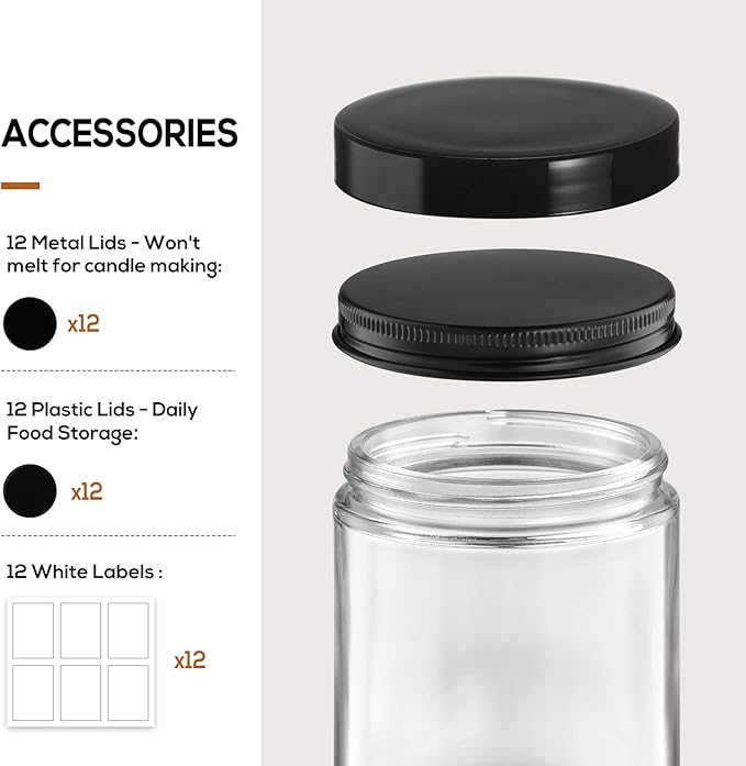 12 Pack, 8 OZ Thick Glass Jars with Lids, Clear Candle Jars with 12 Metal & 12 Plastic Lids - Empty Round Food Storage Containers, Canning Jar For Spice, Powder, Liquid, Sample - Dishwasher Safe
