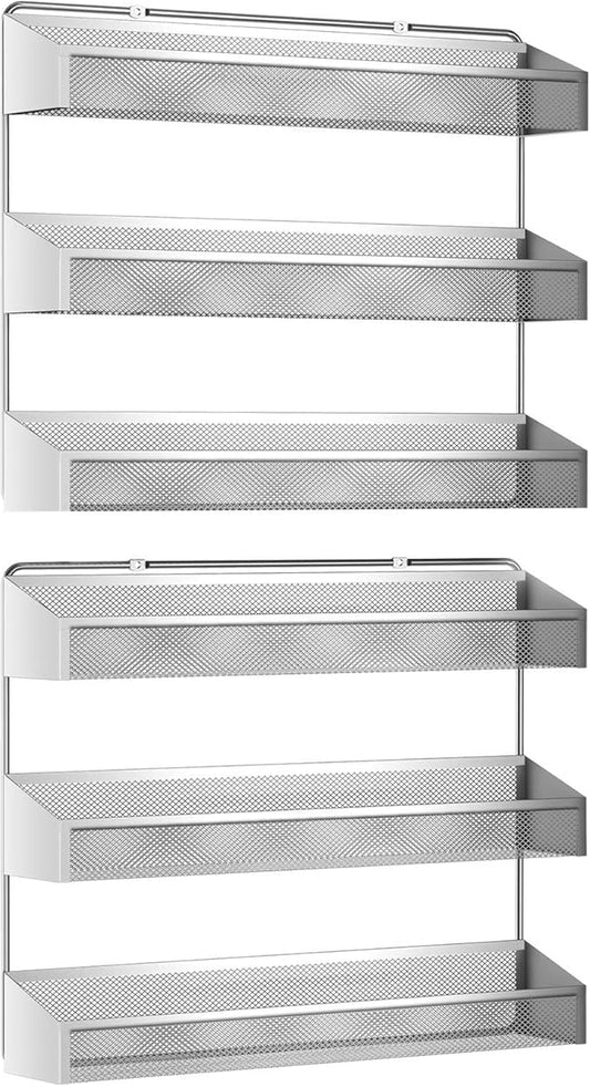 Auledio 2 Pack Spice Rack Organizer, 3 Tier Counter-top Stand or Wall Mounted Storage Rack Hanging Shelf for Kitchen Cabinet, Cupboard, Pantry Door or Bathroom Shower Cosmetic - Chrome