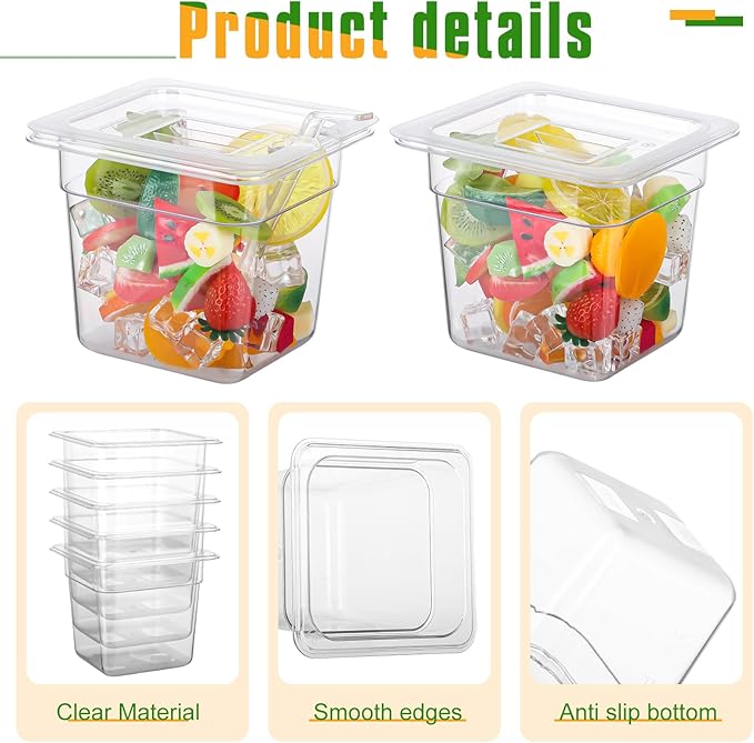 12 Pack Plastic Food Pan with Lids 1/6 Size 6'' Deep Restaurant Food Containers Stackable Clear Polycarbonate Commercial Hotel Pans with 1 Plastic Spoon for Fruits Vegetables