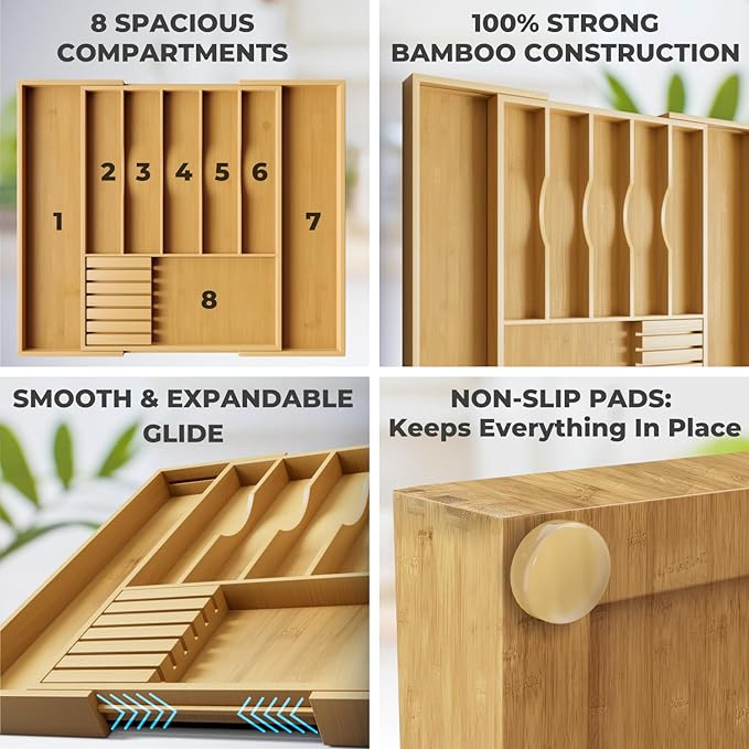 Premium Expandable Kitchen Drawer Organizer - 100% Bamboo Organizer Tray - Great for Silverware, Large Utensils, Flatware, Cutlery - 8 Compartments with Knife Block - Perfectly Fits Your Drawers
