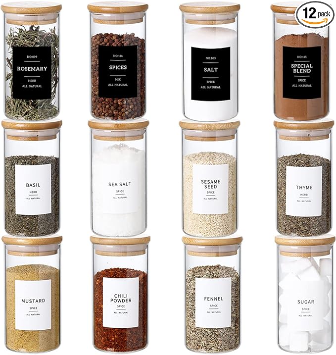 12 Pcs Glass Spice Jars With 296 Spice Labels Preprinted of White and Black Color- 10oz Thicken(2.4mm) Spice Containers With Bamboo Airtight Lids - Empty Small Herb Seasoning Jars