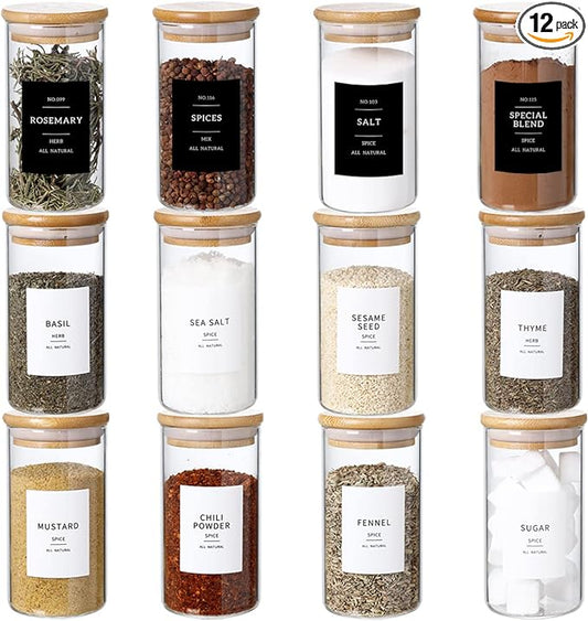 12 Pcs Glass Spice Jars With 296 Spice Labels Preprinted of White and Black Color- 10oz Thicken(2.4mm) Spice Containers With Bamboo Airtight Lids - Empty Small Herb Seasoning Jars