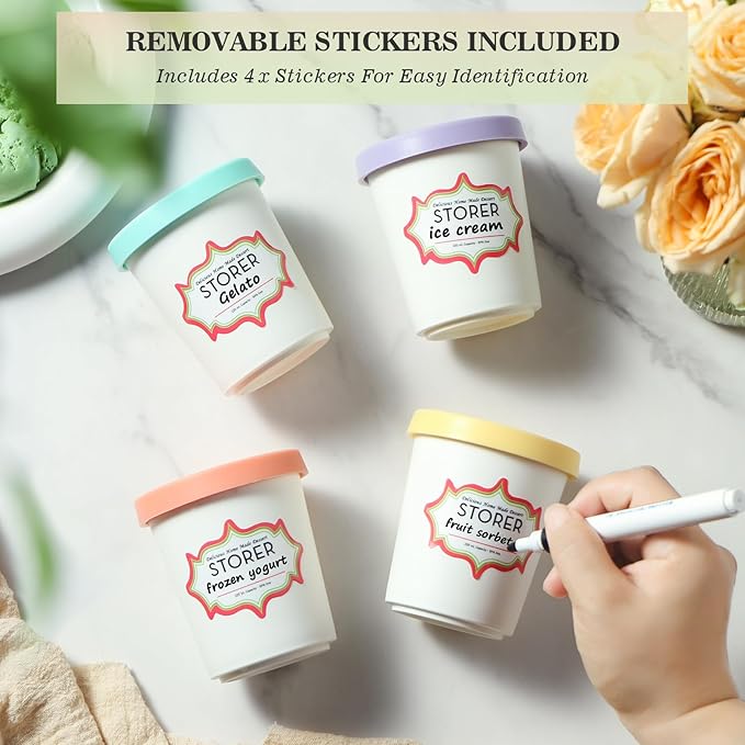 Set of 4 Ice Cream Containers for Homemade Ice Cream（6.8oz. Each），Reusable Plastic Storage Containers Cups with Lids for Freezer，Stackable Storage Container for Gelato，Yogurt, Sorbet
