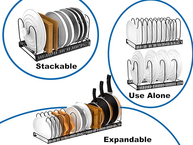 Pots and Pans Organizer : Rack for under Cabinet, Expandable Pot Lid Kitchen Cabinet Organizer Holder with 12 Adjustable Compartment, for Cutting Board, Cast-iron Pan, Heavy Cookware