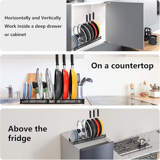 Pot Rack Expandable Pan Organizer for Cabinet, Lid Holder with 10 Adjustable Compartment for Kitchen Cabinet Cookware Baking Frying Rack