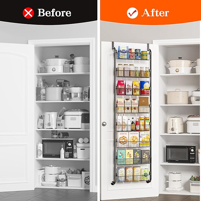Over the Door Pantry Organizers and Storage, 8-Tier Spice Rack, Home & Kitchen Storage Shelves for Cabinet, Large Capacity Hanging Seasoning Organizer, Laundry Room Organization, Black