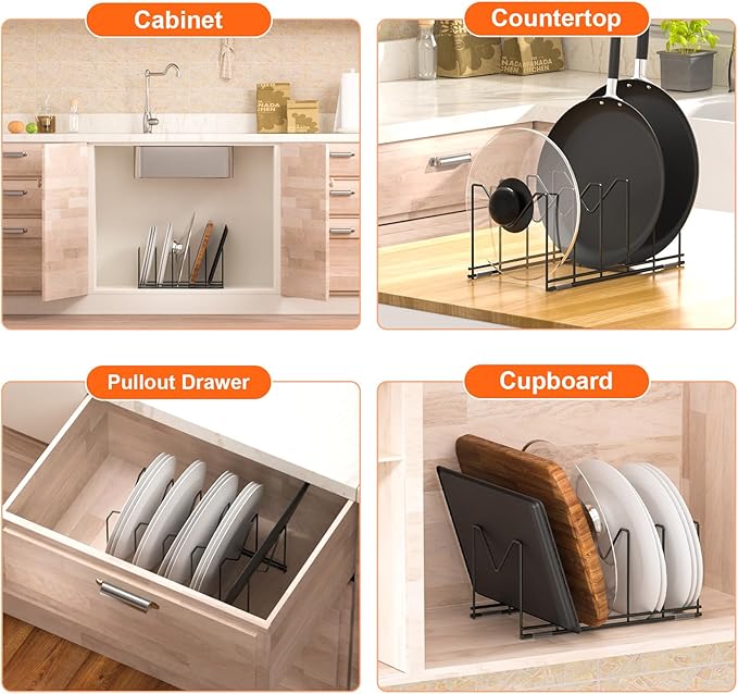 3 Pack Pot Lid Organizer for Cabinet, Stainless Steel Pot Lid Rack with Anti-slip Pad, Lid Holder for Pans Pots, Bakeware, Plates, Cookie Sheets, Trays, Dish, Cutting Boards, Classic Black