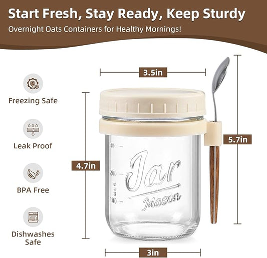 LANDNEOO 6 Pack Overnight Oats Containers with Lids and Spoons, 16 oz Glass Mason Overnight Oats Jars, Large Capacity Airtight Jars for Milk, Cereal, Fruit(Beige