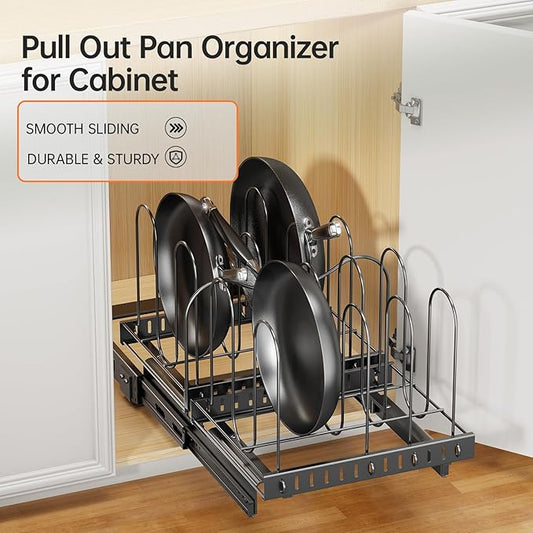 Pots and Pans Organizer for under Cabinet, Pull Out Pan Organizers inside Cabinet with Adjustable Dividers, Kitchen Cabinet Organizers and Storage for Cast-iron Pan, Cutting Board, Pot Lid