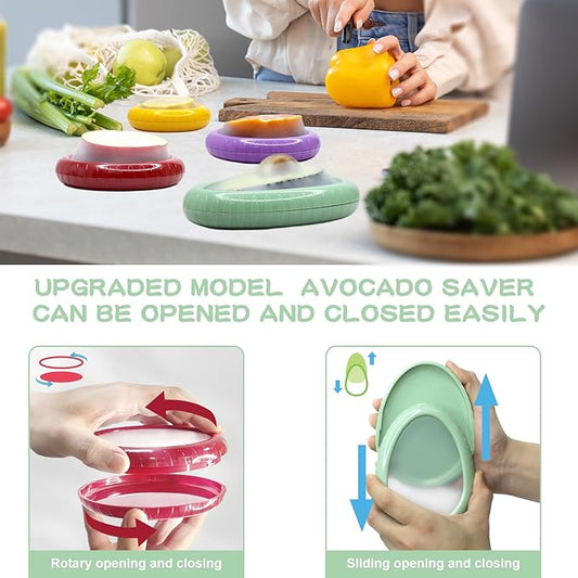Avocado Saver and Onion Holder -Set of 4 Reusable Fruit and Veggie Savers for Fridge - BPA-Free, Prevent Flavor Mixing, Keep Fresh (Cyan, Purple, Red And Yellow)