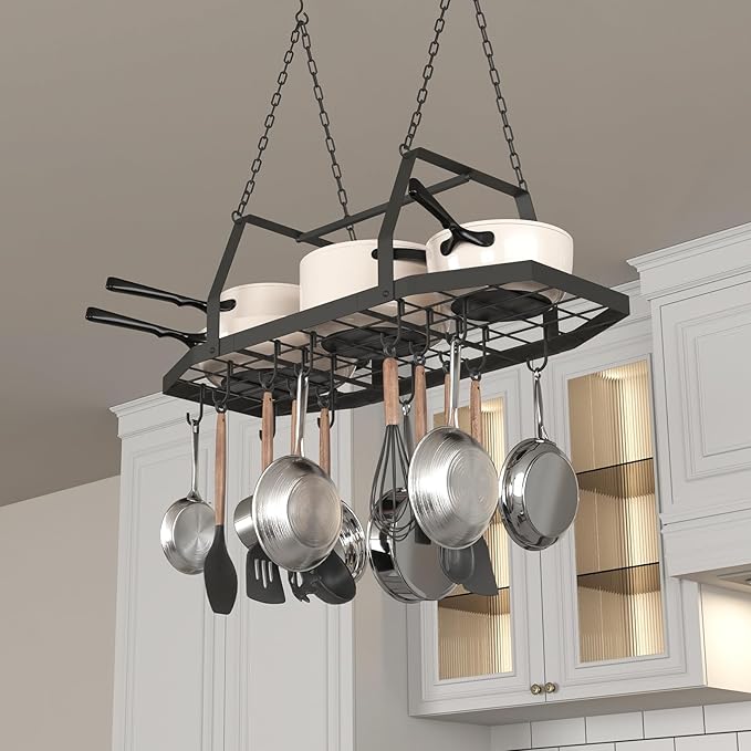 Hexagon Ceiling Pot Rack Hanging Pan Rack Hanging with 15 Hooks, 34" Metal Hanging Pots and Pans Ceiling Mount Organizer Rack, Pot and Pan Hangers for Kitchen Cookware Utensils