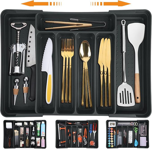 Expandable Silverware Drawer Organizer, Adjustable Kitchen Utensil Tray, Cutlery Flatware Organizer for Forks, Spoons, Knives (Large, Grey)