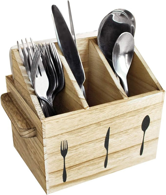 Ikee Design Rustic Elegant Wooden Flatware Organizer Caddy, Oak Color, 7'W x 5.5'D x 6.63'H