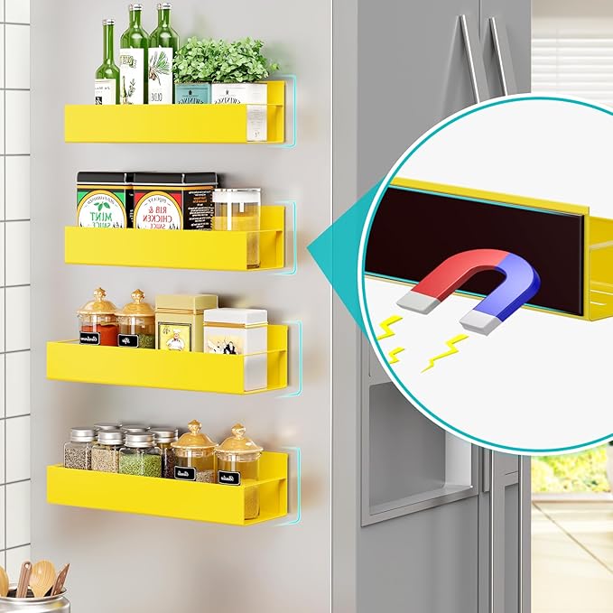 4 Pack Moveable Fridge Magnetic Spice Racks,Metal Yellow