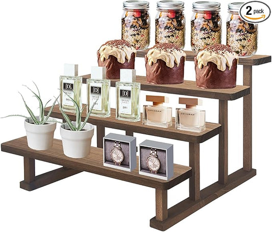 2PACK Spice Rack Stand 4 Tier Wooden Display Shelf for Tabletop Riser Stand for Party,Kitchen,Perfume,Vendors event, Collection