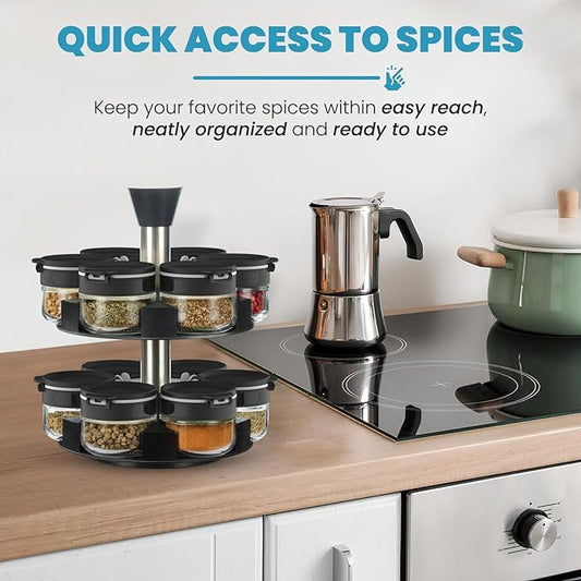 Black Rotating Spice Rack With Jars, Spinning Spice Rack For Countertop - Revolving Tower Organizer for Kitchen Seasonings - Kitchen Carousel Storage, Stainless Steel, 12 Jars