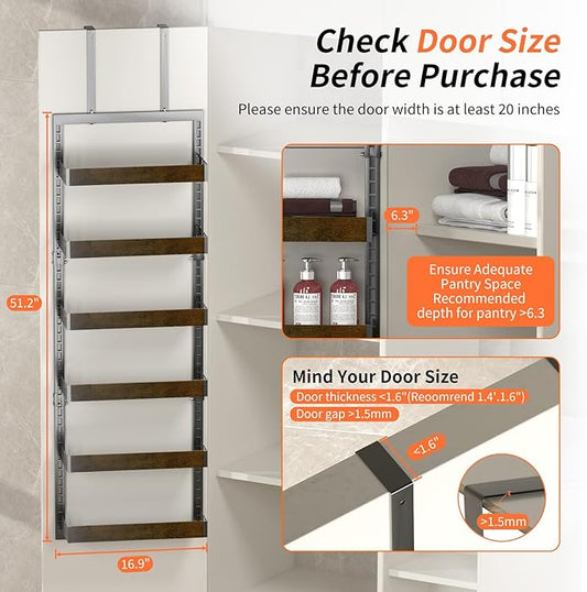 Over The Door Organizer, 6-Tier Over The Door Pantry Organizer, Heavy Duty Metal Frame, Spice Rack, Behind the Door Storage for Kitchen, Bathroom, Laundry Room, 16.9”L×6.3”W×51.2”H (Black)
